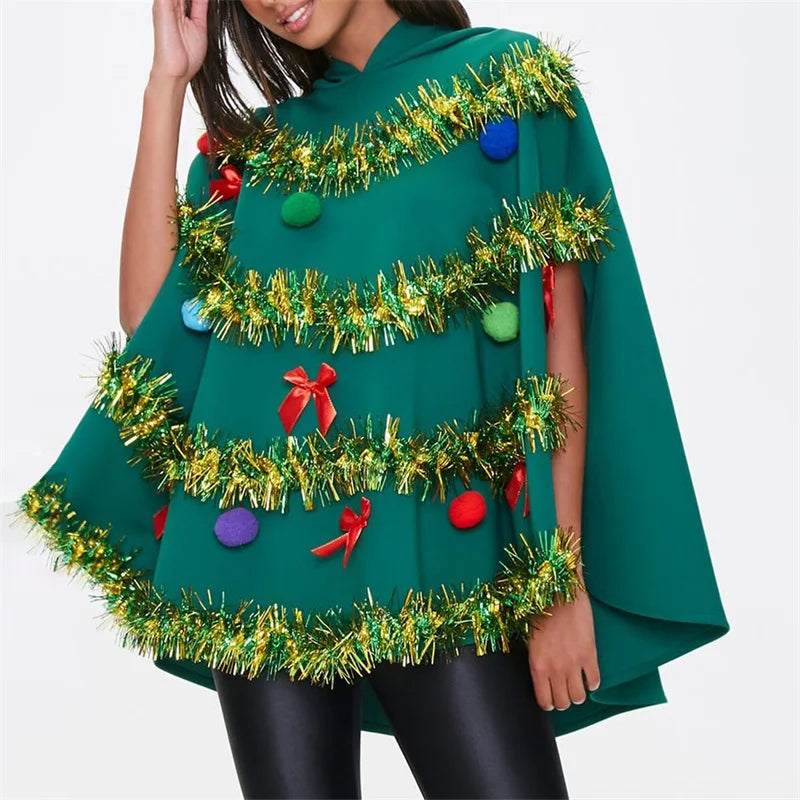 Decorated Christmas Tree Hooded Poncho for Layering over Outfits