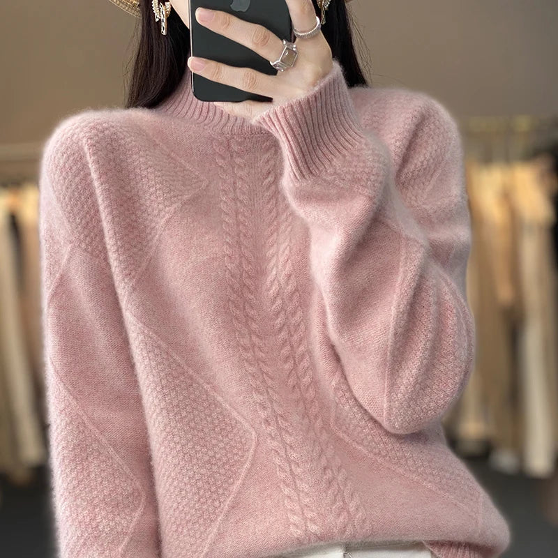 Women's Cable Knit Mock Neck Sweater Casual Knit Layer