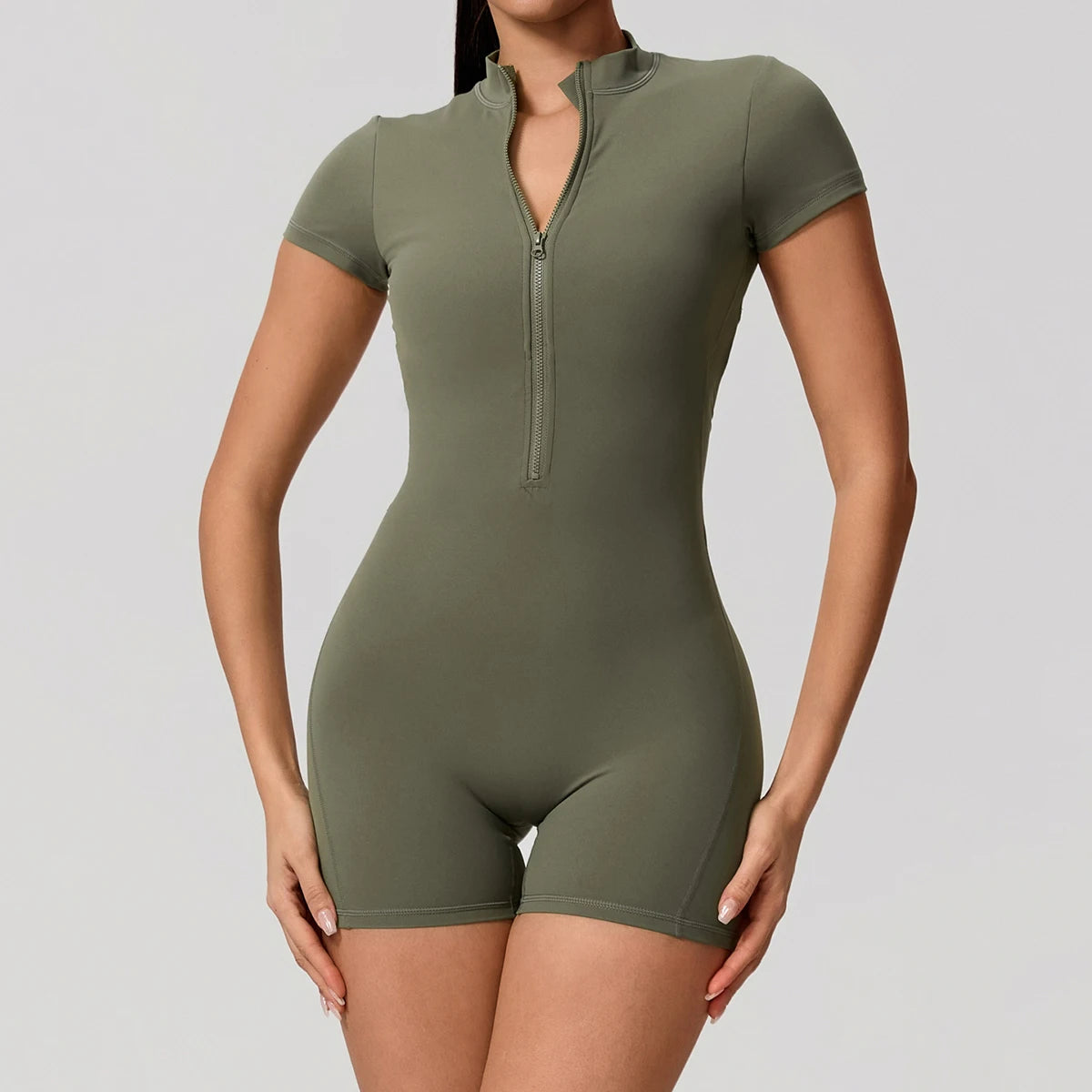 Women's Short Sleeve Nylon Blend Workout Romper with Zipper and Back Cutout