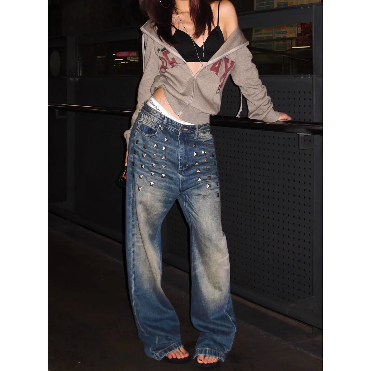 Women's Side Grommet Wide Leg Denim Jeans For Everyday Outfits