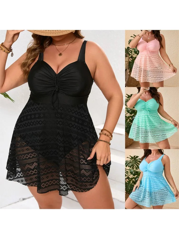 Women's Ruched Bust Lace Overlay Strappy Skirted Swimdress