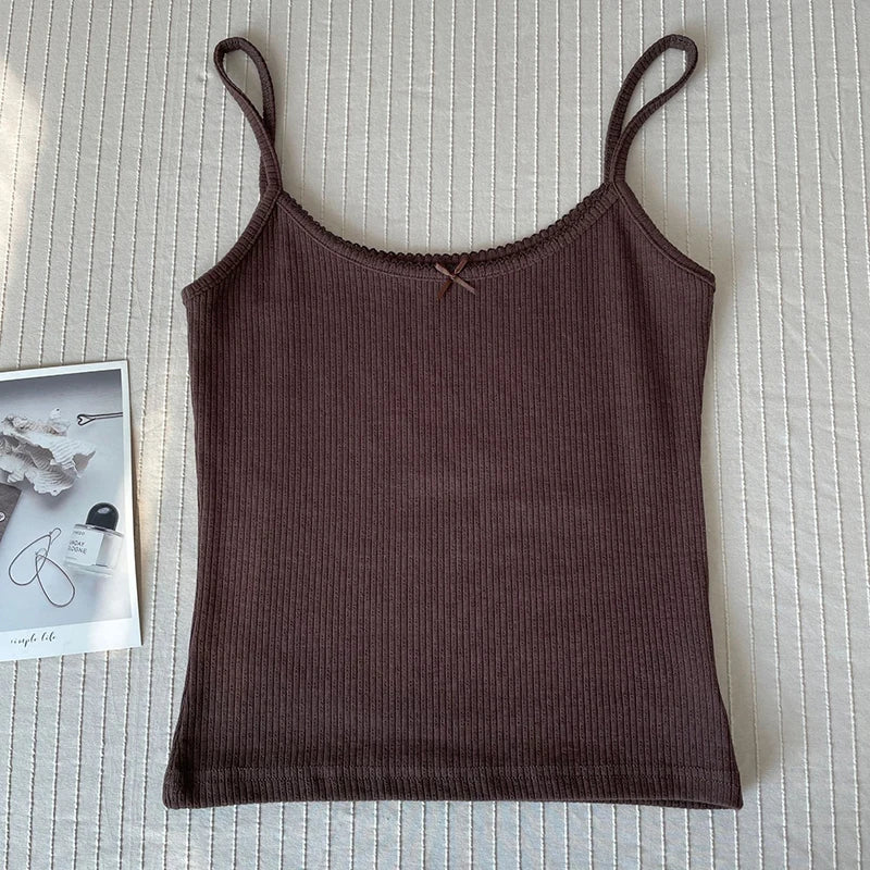 Women's Lace Trim Cotton Camisole with Bow Detail and Multiple Pattern Options