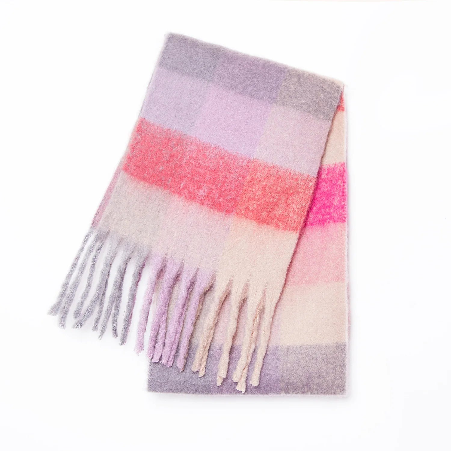 Multicolor Plaid Scarf with Long Shape and Fringed Ends