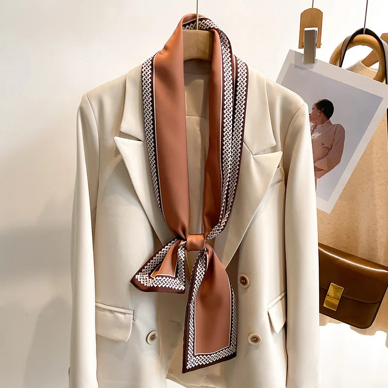 Printed Long Narrow Scarf with Decorative Ribbon Shape