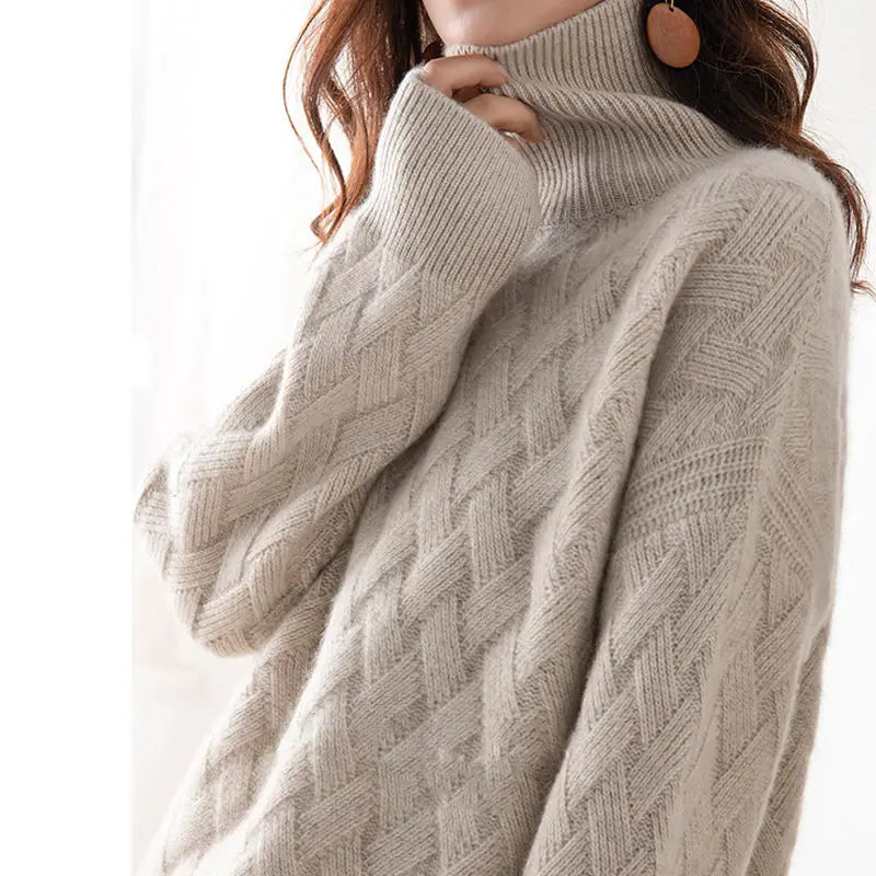 Women's Wool-Polyester Solid Long-Sleeve Turtleneck Loose Knit Pullover Sweater for Winter Outfits