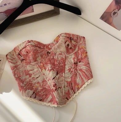 Women's Floral Tapestry Print Polyester Bustier Crop Top with Lace Up Back