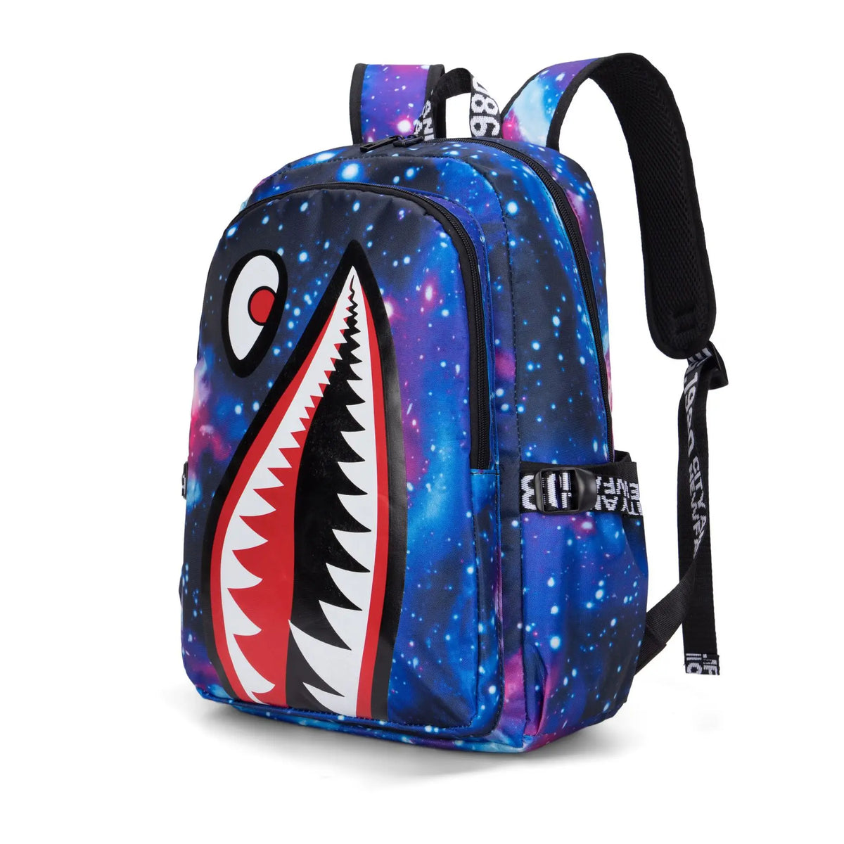 Children's Shark Print School Backpack with Zipper Opening and Front Pocket