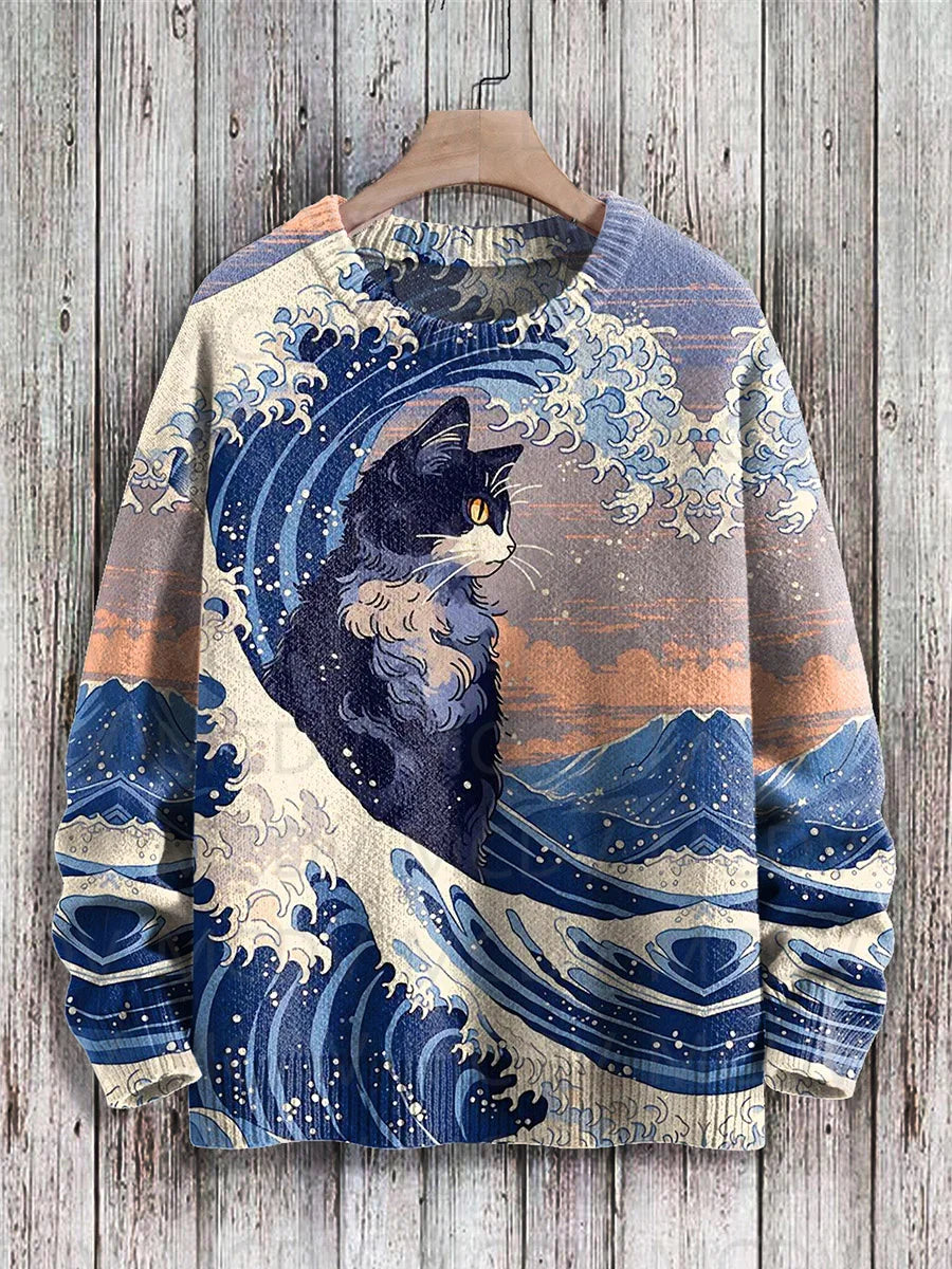 Japanese Art-Print Crewneck Knit Sweater