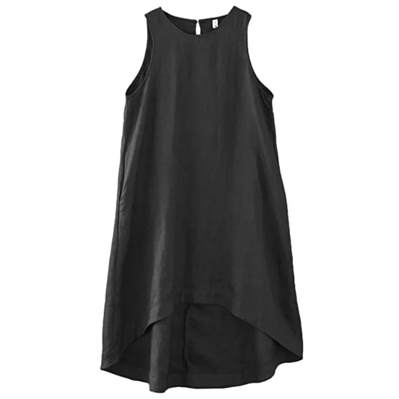Women's Linen Sleeveless Loose A-Line Dress with Round Neck and Asymmetric Hem