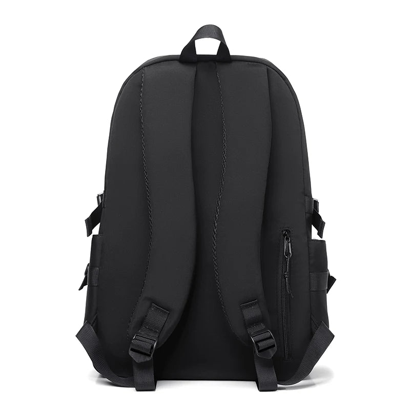 Plain Laptop Backpack with Front Pockets and Side Buckle Strap Details