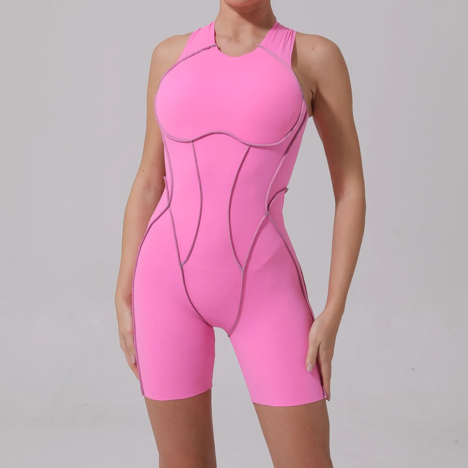 Women's High Neck Nylon Workout Romper with Racerback and Contrast Seams