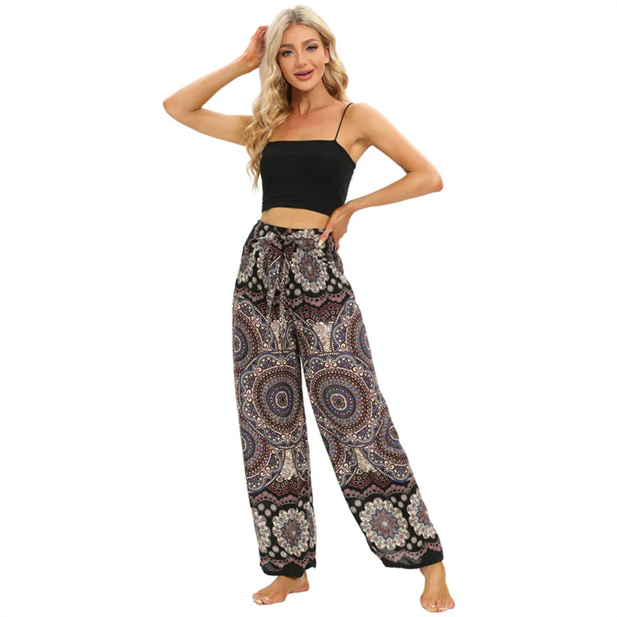 Women's Printed Rayon Harem Pants with Elastic Waist and Convertible Styling