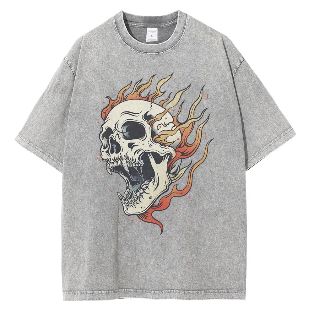 Men's Flame Skull Printed T-shirt Thick Cotton Washed T-shirt,Large Retro Top