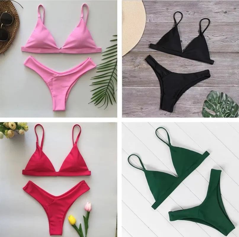 Women's Triangle Bikini Top and High Cut Briefs Swim Set