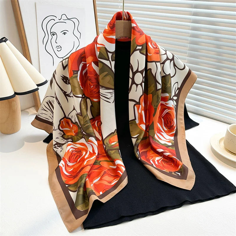 Printed Large Square Scarf with Decorative Border Designs