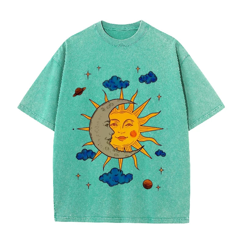 Men's Moon and Sun Printed T-shirt Oversized Short Sleeved Retro Washed Shirt Summer Top