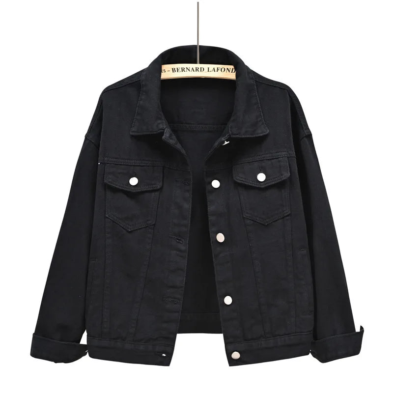 Women's Cotton-Elastane Long-Sleeve Button-Front Collared Denim Jacket with Pockets for Casual Outfits