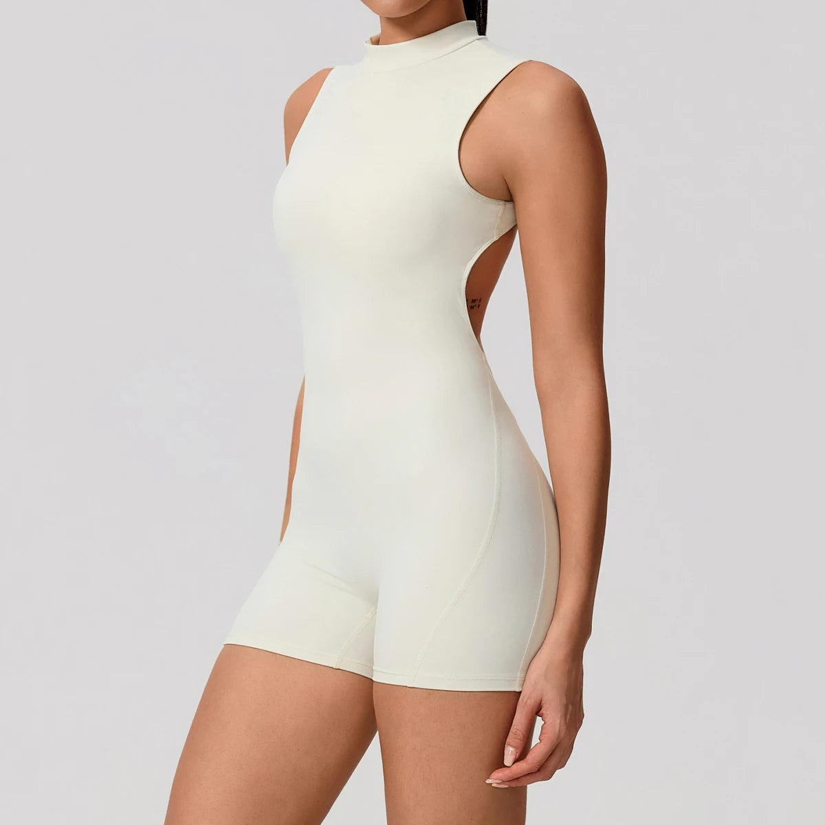 Women's High Neck Nylon Blend Workout Romper with Oval Back Cutout