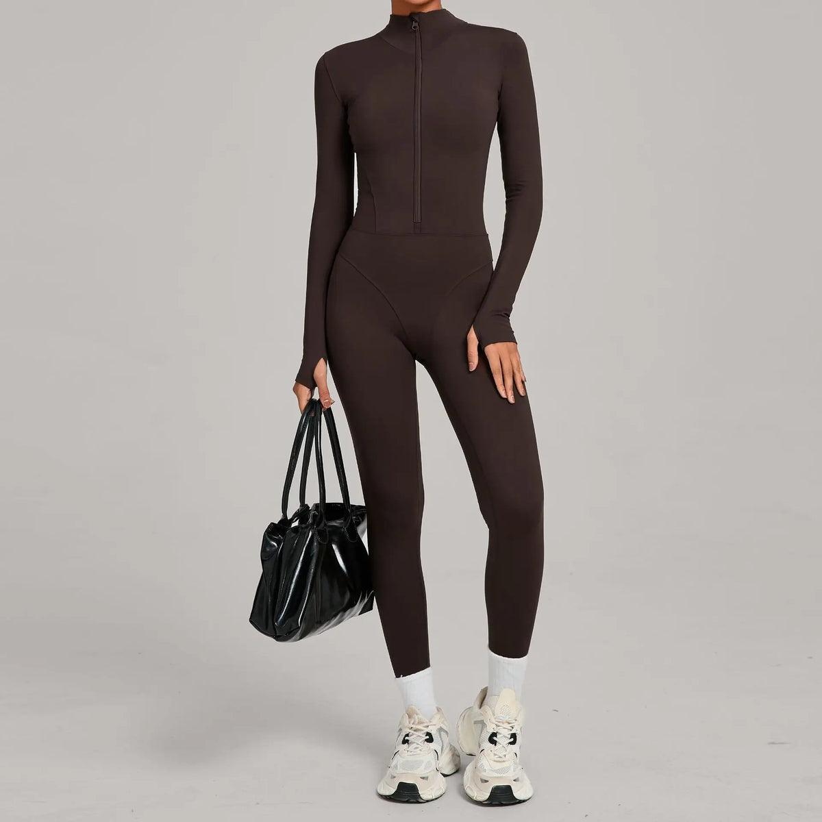 Women's Long Sleeve Nylon Blend Workout Jumpsuit with Stand Collar Zip