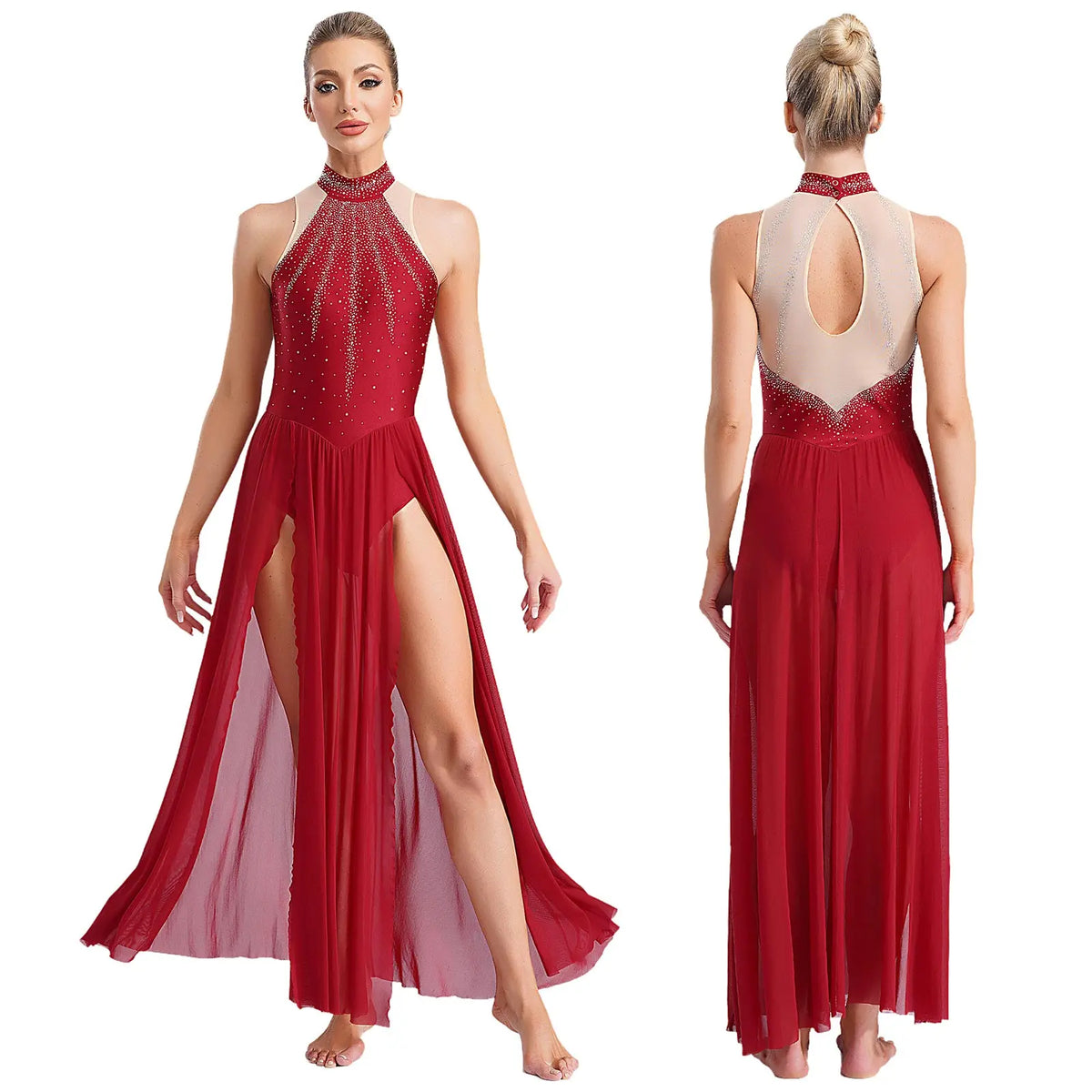 Women's Sleeveless Rhinestone Lyrical Dance Dress with Long Split Mesh Skirt