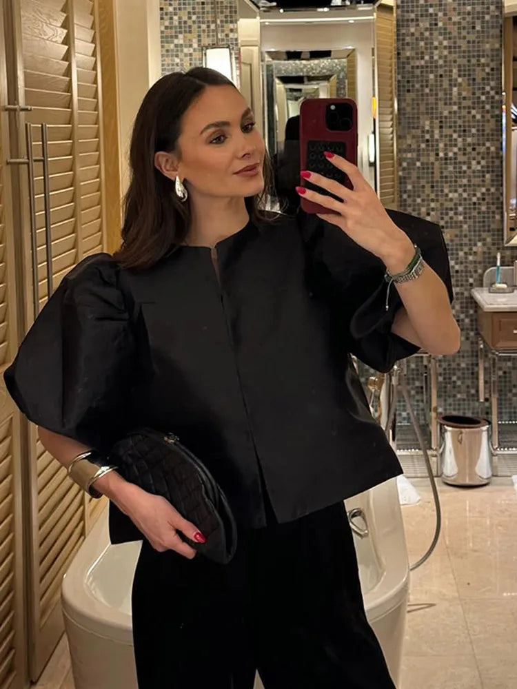 Women's Round Neck Puff Sleeve Cropped Blouse