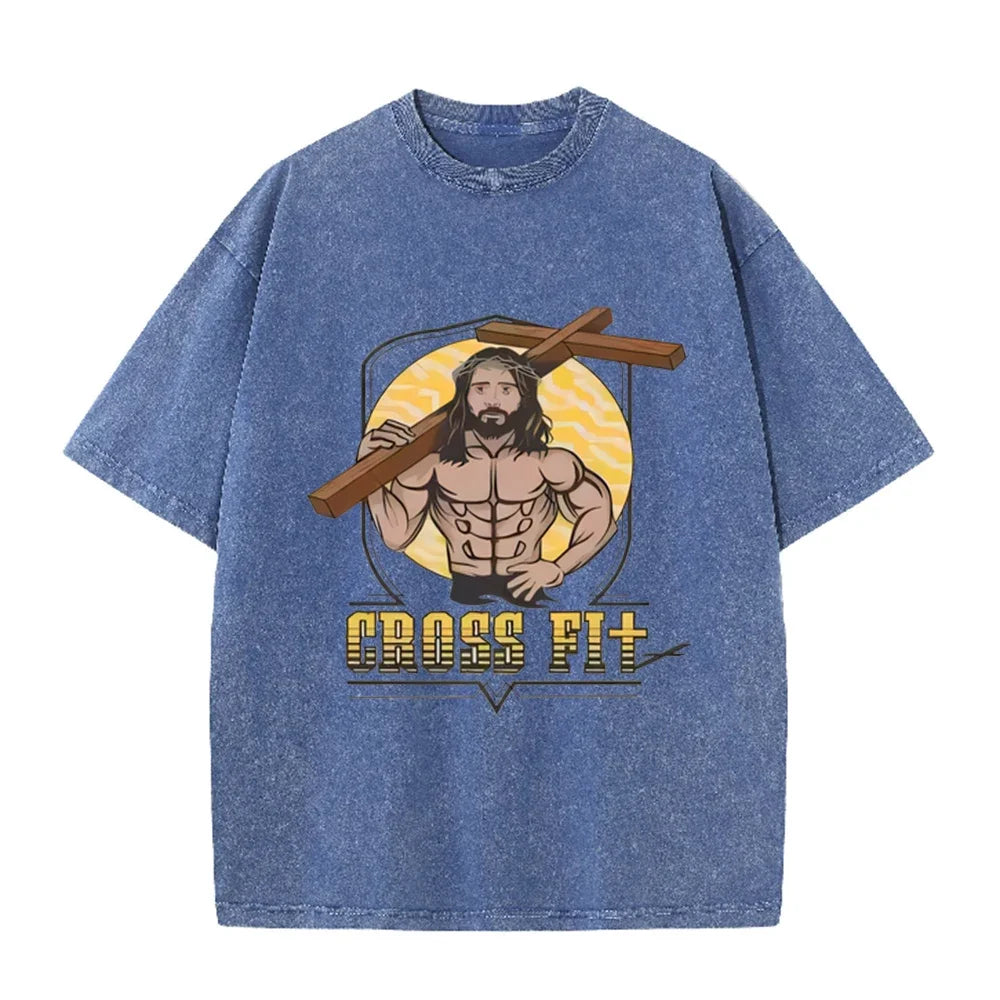 Oversized Washed Cotton Graphic T-Shirt with Short Sleeves