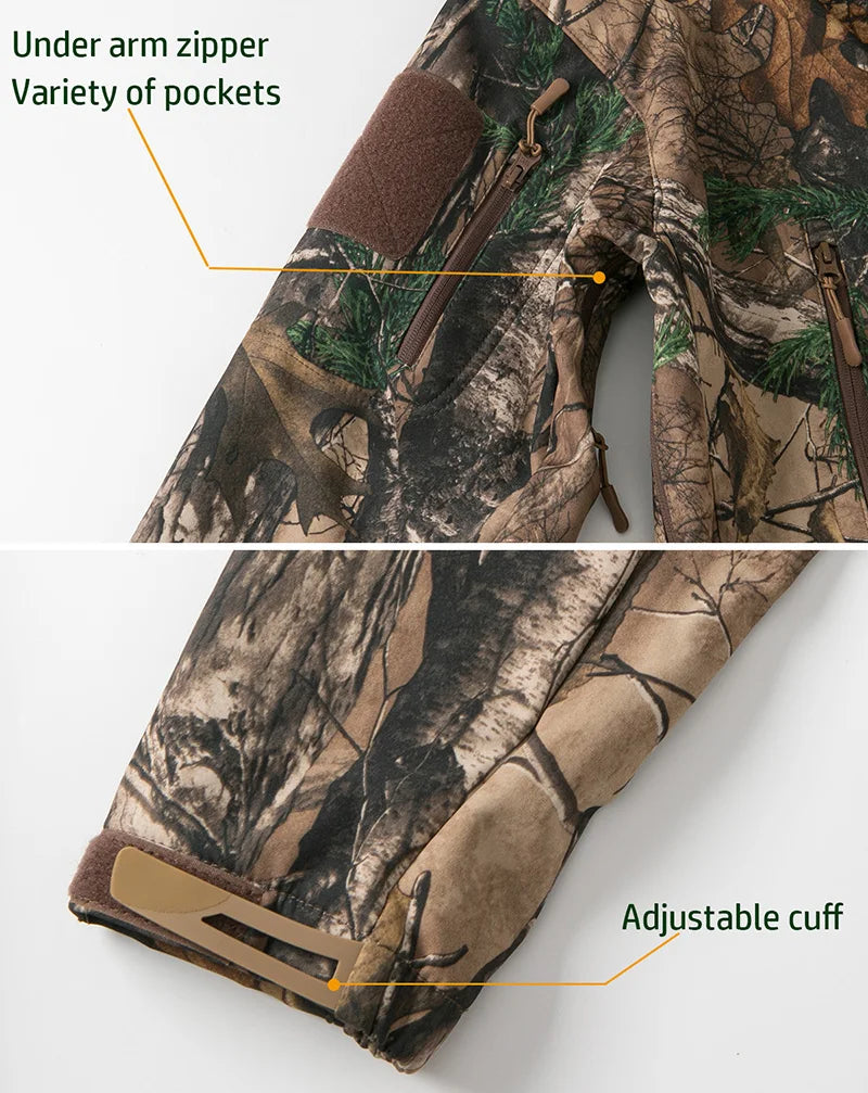 Silent Softshell Camouflage Hunting Jacket Men Waterproof Fleece Hooded Hunting Clothes Warm Outdoor Hiking Tactical Coat