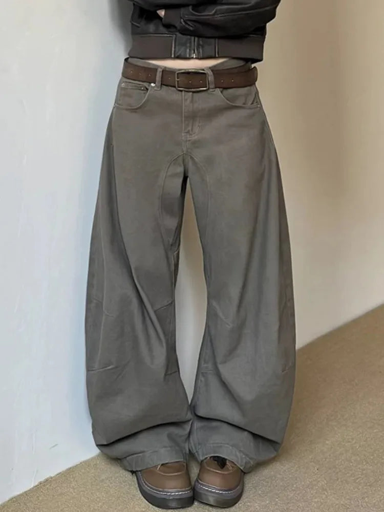 Women's Gray Loose Fit Wide Leg Denim Jeans