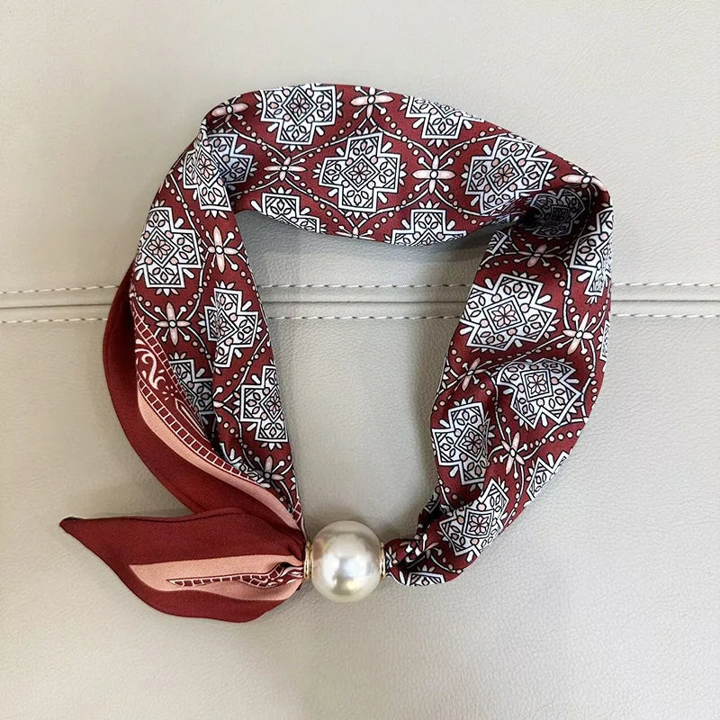 Printed Neck Scarf with Decorative Pearl Style Clasp Options