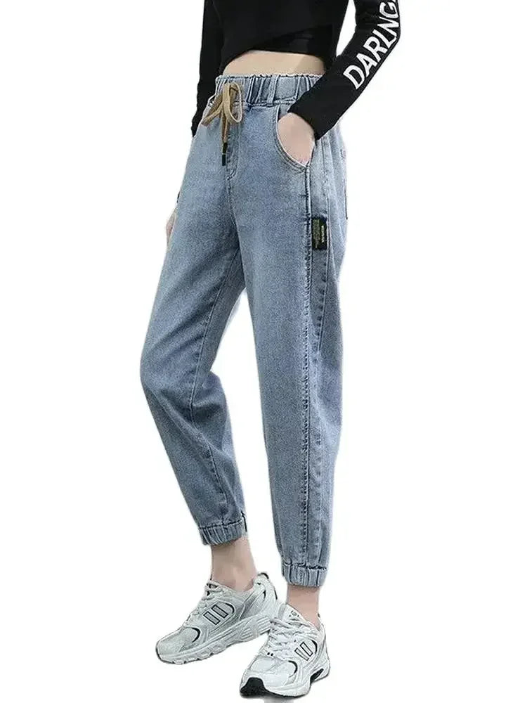 Women's Drawstring Elastic Waist Cropped Cuffed Denim Jeans