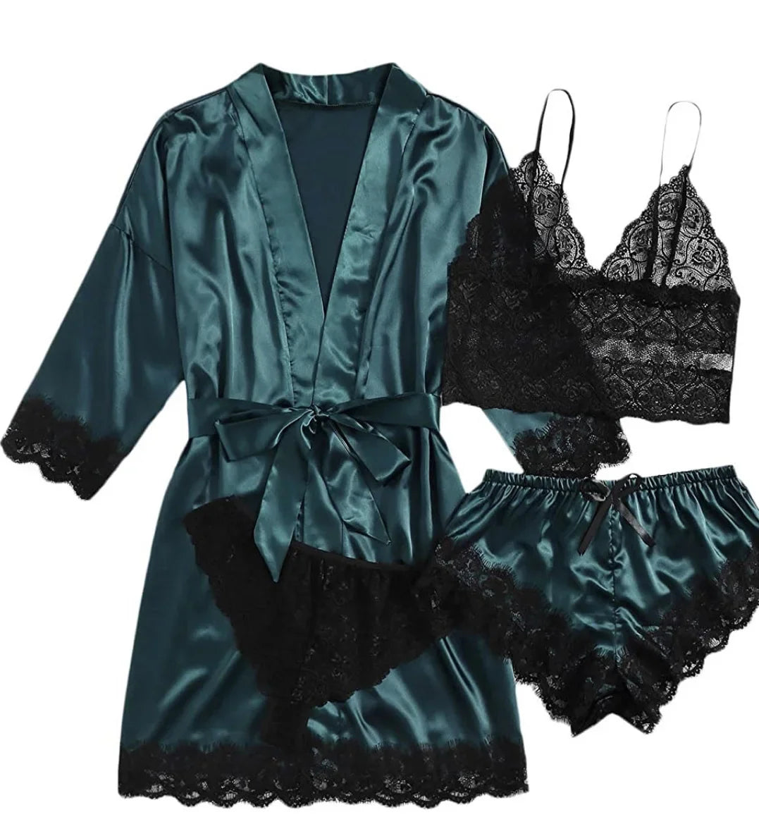 Women's Lace Trim Four Piece Pajama Set with Robe and Shorts