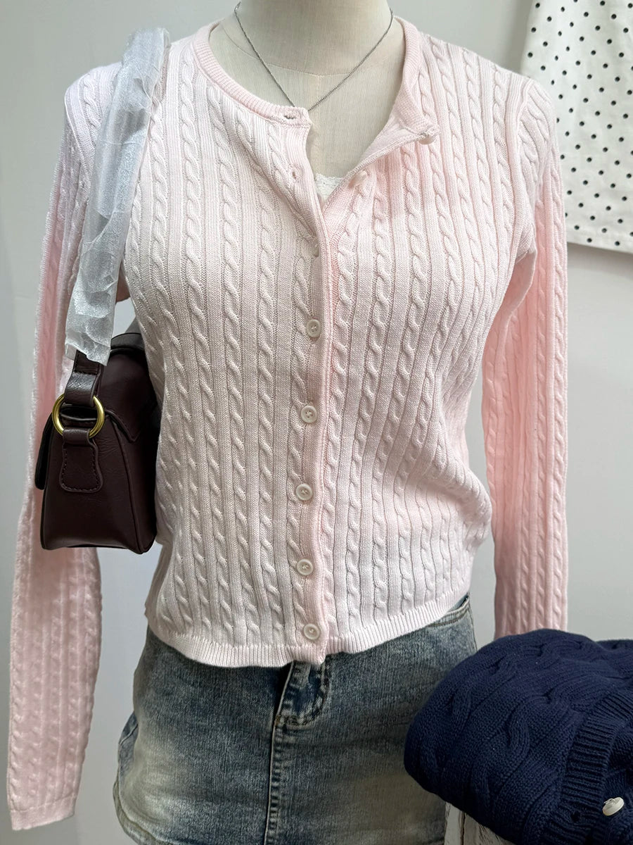 Women's Round Neck Button Front Cardigan Casual Knit Layer