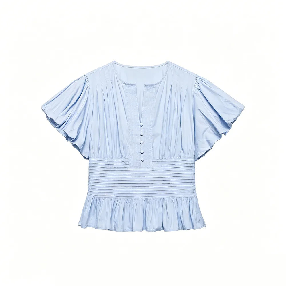 Women's Smocked Waist Ruffle Hem Short Sleeve Blouse
