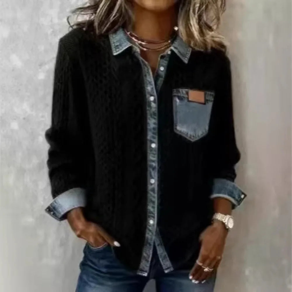 Women's Cable Knit Cardigan with Denim Look Panels