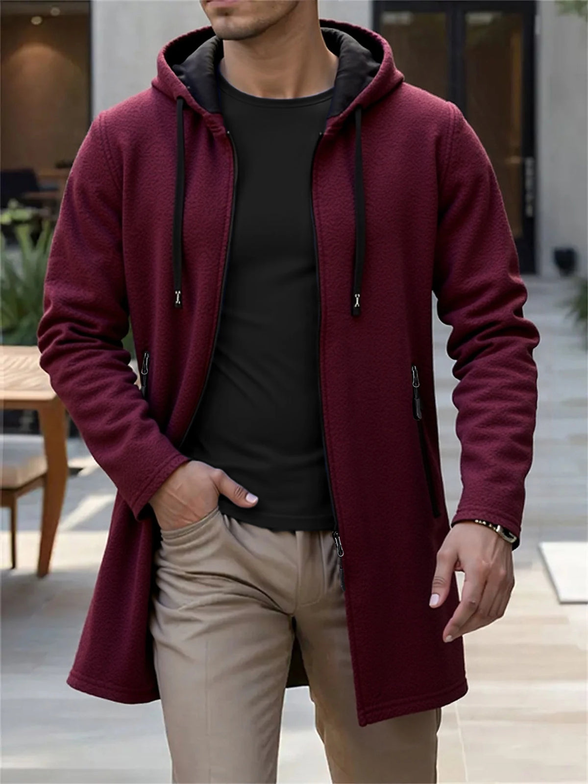 Men's Hooded Longline Zip Front Cardigan