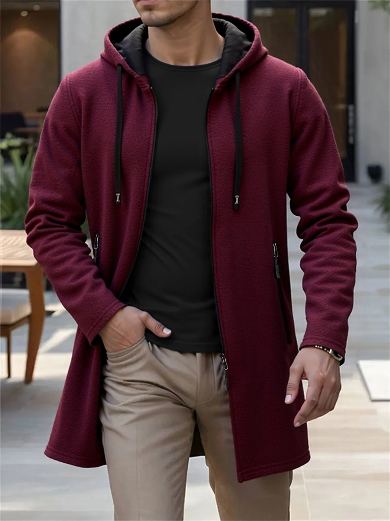 Men's Hooded Longline Zip Front Cardigan