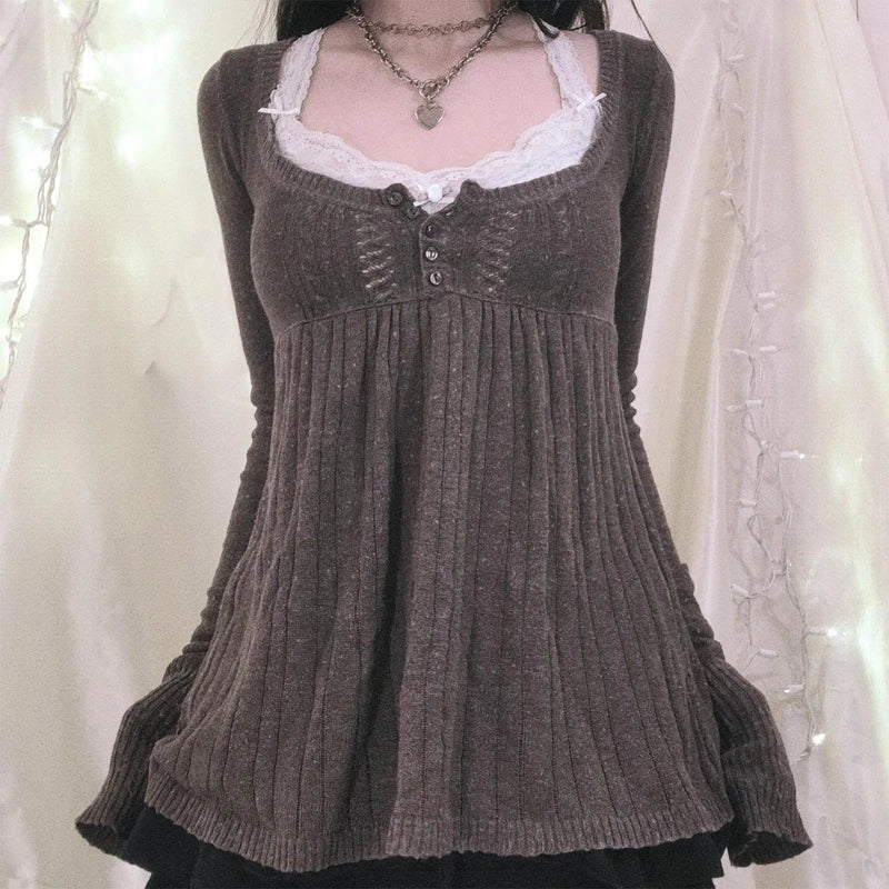 Women's Square Neck Lace Knit Sweater Casual Knit Layer