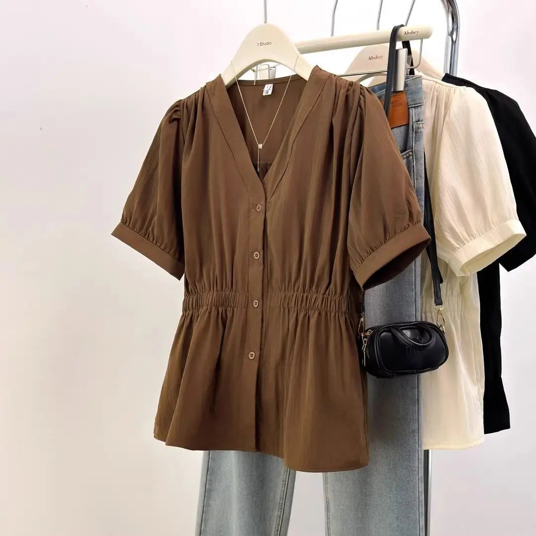 Women's Smocked Waist V Neck Button Front Blouse