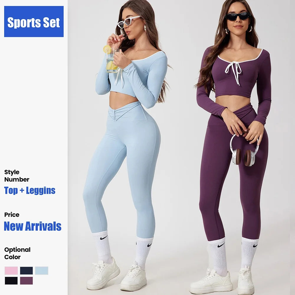 Women's Long-Sleeve Crop Top and Leggings Workout Set