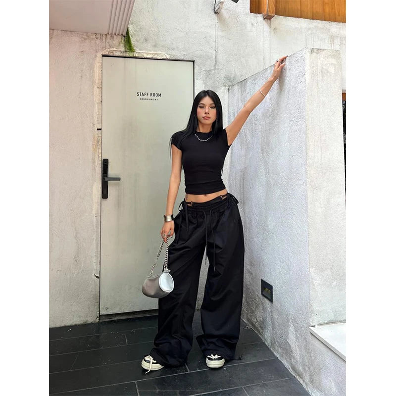 Women's Wide Leg Cargo Pants with Lace Up Waist Details