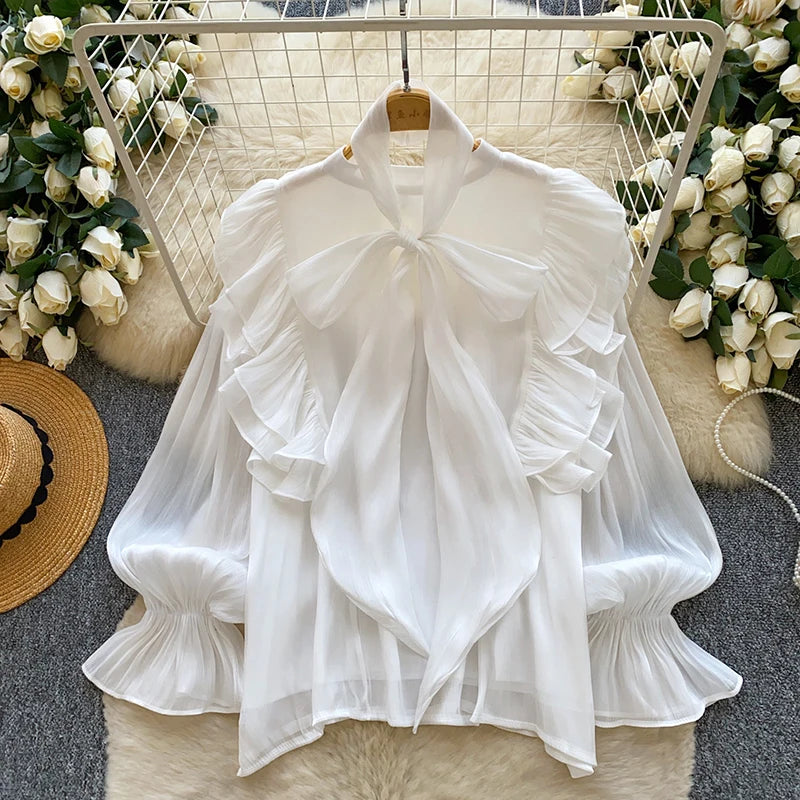 Women's Bow Neck Ruffled Long Sleeve Blouse