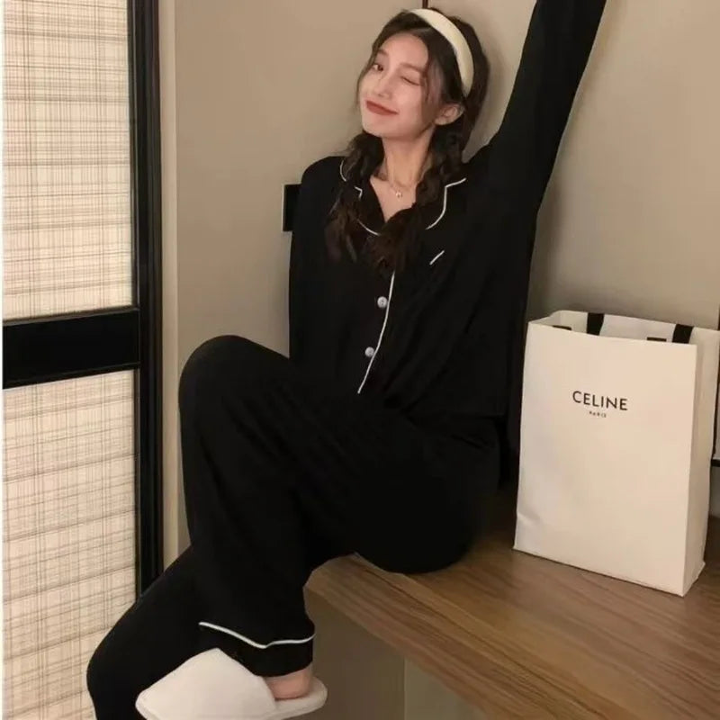 Women's Piped Button Front Long Sleeve Pajama Set with Top and Pants