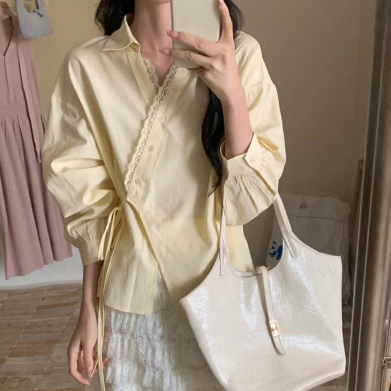 Women's Lace Trim Wrap Blouse with Waist Tie