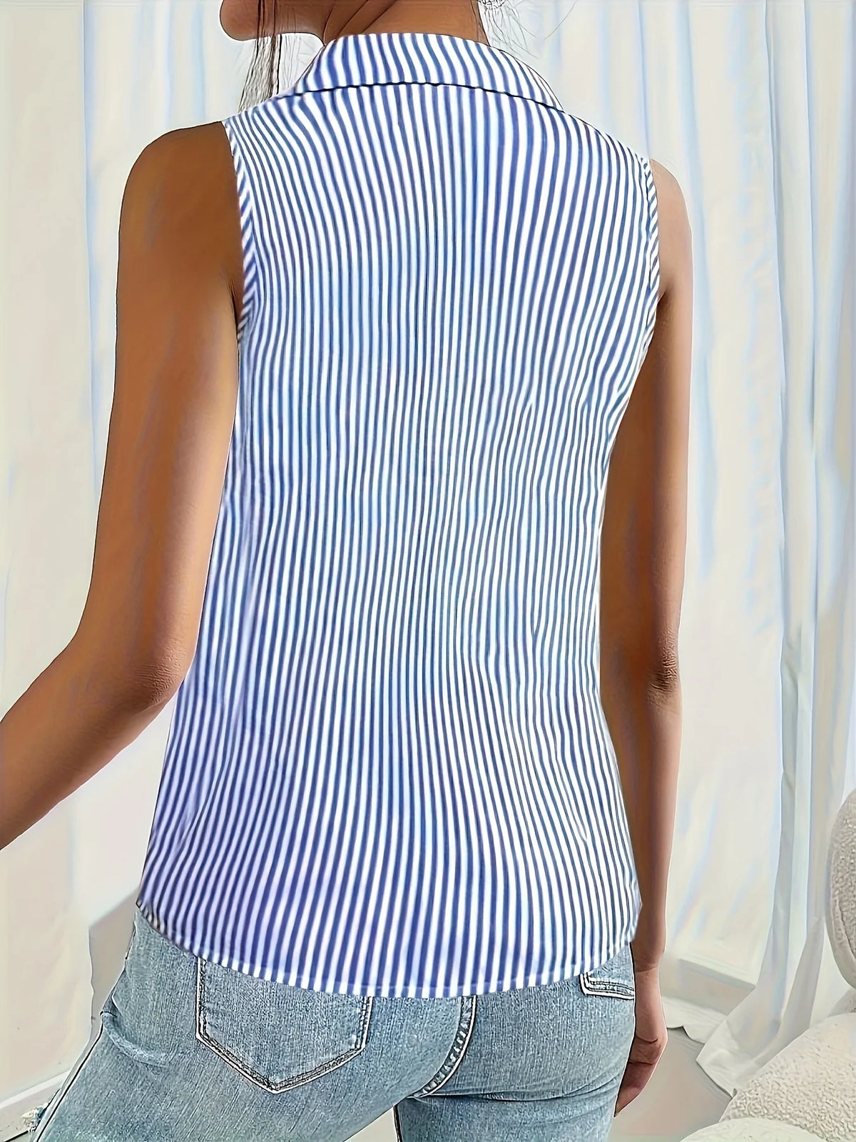 Women's Sleeveless Striped Collared Button Front Shirt