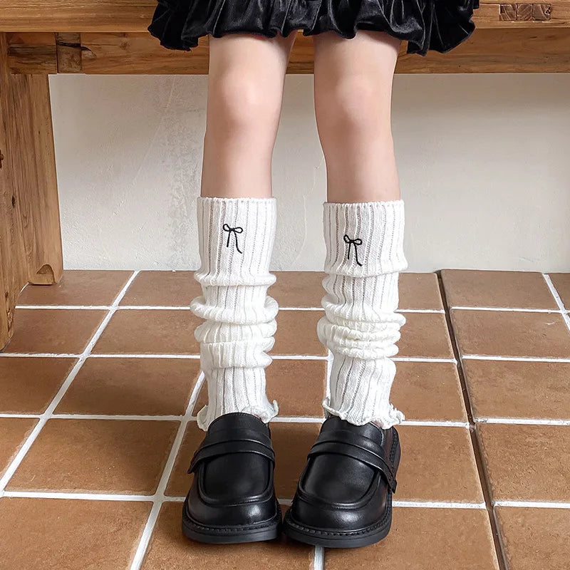 Children's Ribbed Leg Warmers with Decorative Embroidered Bow Detail