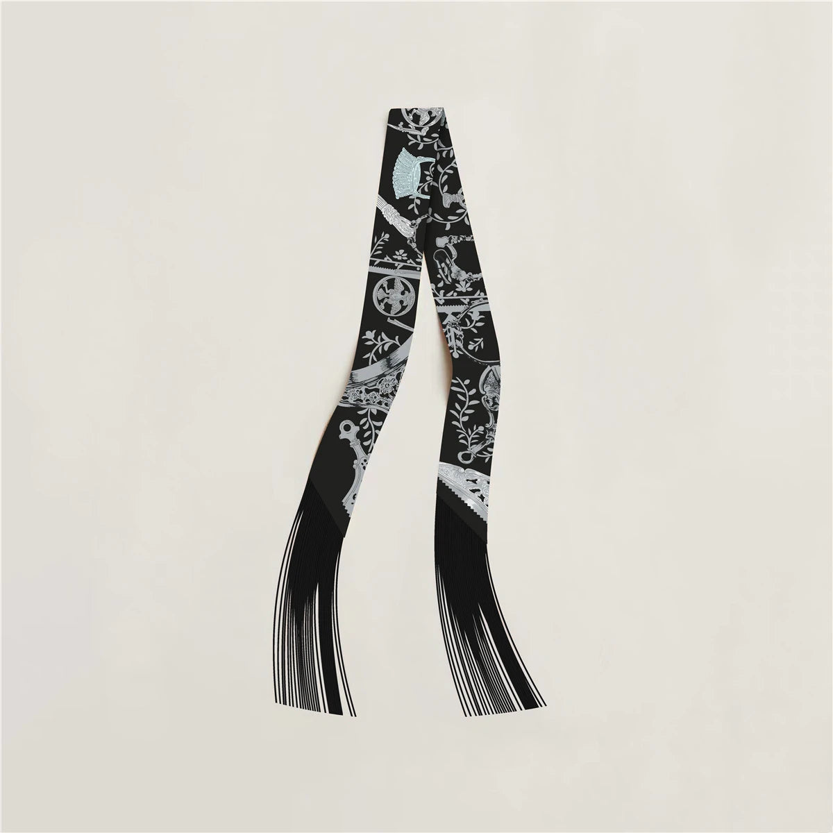 Printed Narrow Ribbon Scarf with Decorative Fringed Ends