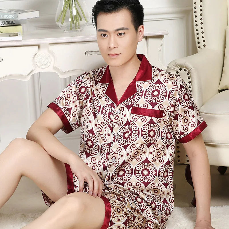 Men's Printed Lapel Button Front Shirt and Pants Pajama Set