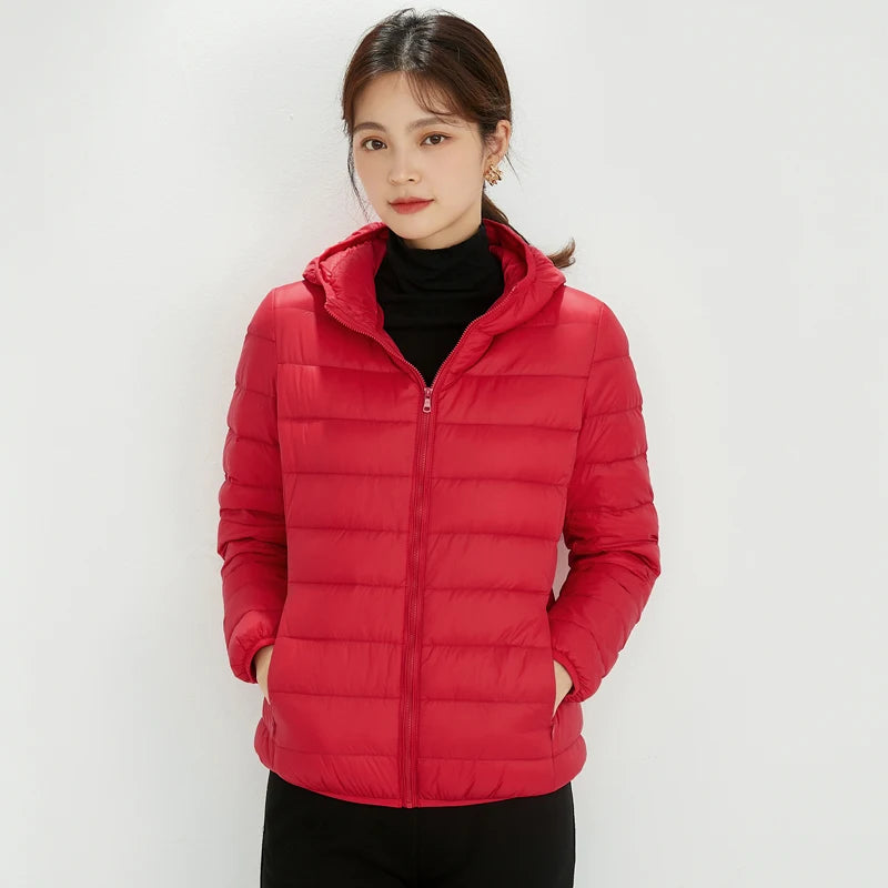 Women's Nylon Hooded Zip-Front Duck-Down Puffer Jacket for Casual Winter Layered Outfits