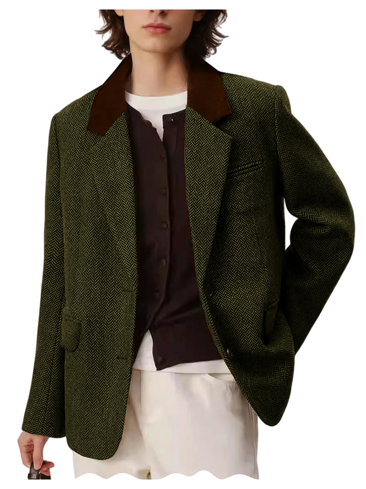 Men's Herringbone Two-Button Notch-Lapel Blazer with Contrast Collar