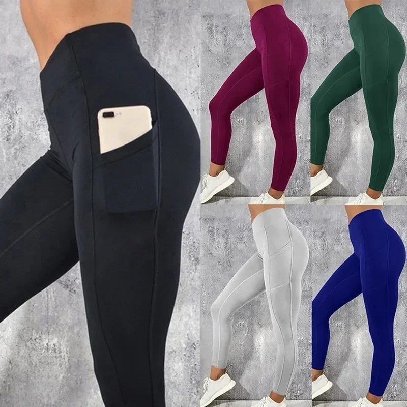 Women's High-Waist Ankle-Length Yoga Leggings with Side Pockets and Stretch Fabric